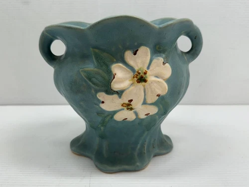 Weller Pottery Delsa Blue Vase 2 Handles White flowers