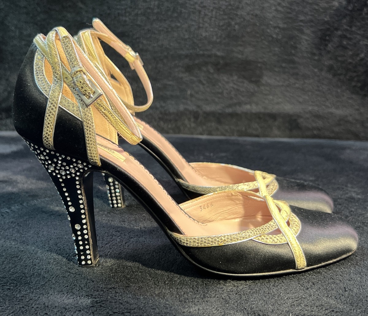 PRADA Crystal Stiletto Pumps High Heel W/ Snake Skin Ankle Strap Black  Silk 40