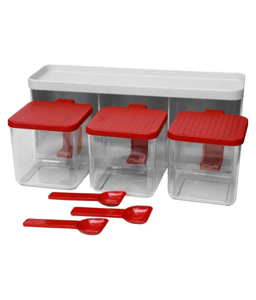 7 pcs Seasoning Box Set - Spice Jars with Spoons & Rack Herb Sauces Ivory Red