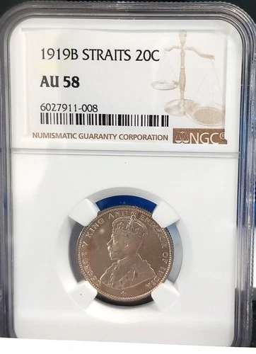 STRAITS 1919B 20 CENTS NGC AU 58