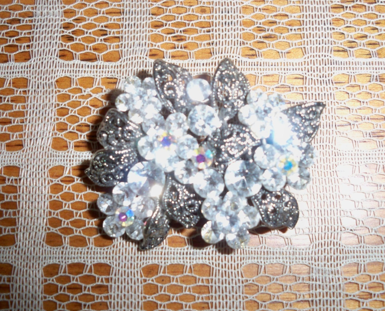 Silvertone Scrollwork and Rhinestones Fashion Bro… - image 3
