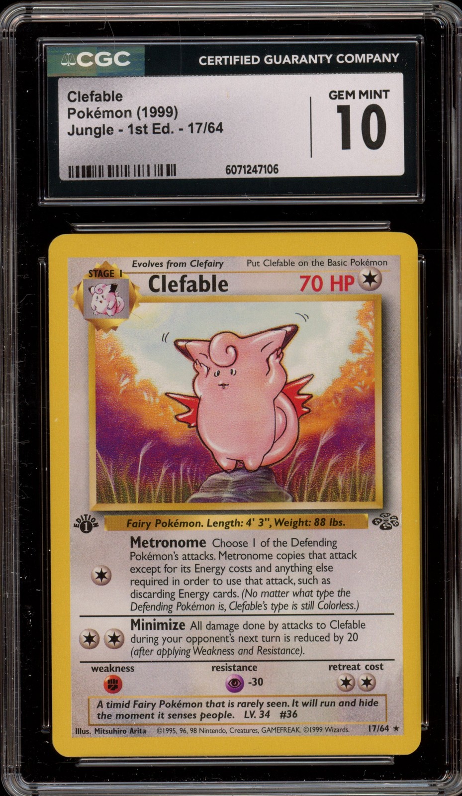 Pokemon Clefable Jungle 1st Edition NON Holo Rare #17 CGC 10 Gem Mint