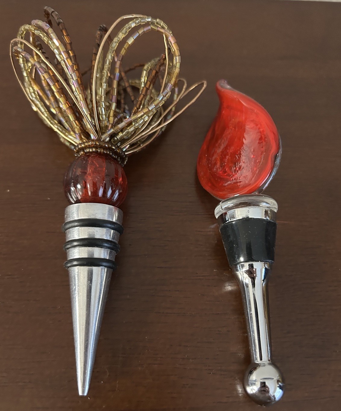 Murano Style Sparkling Rose Gold And Sparkly Beads Red Gold Wine Topper Lot Of 2