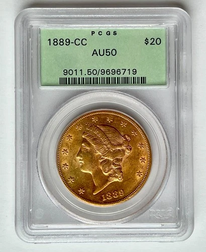 1889-CC Double Eagle $20 Gold Coin Liberty Head Carson City PCGS Green Lab AU-50
