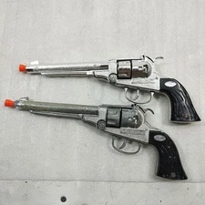 2 VTG 1950s Leslie Henry Halco Toy Pistol Cap Gun Complete Break Action Diecast 