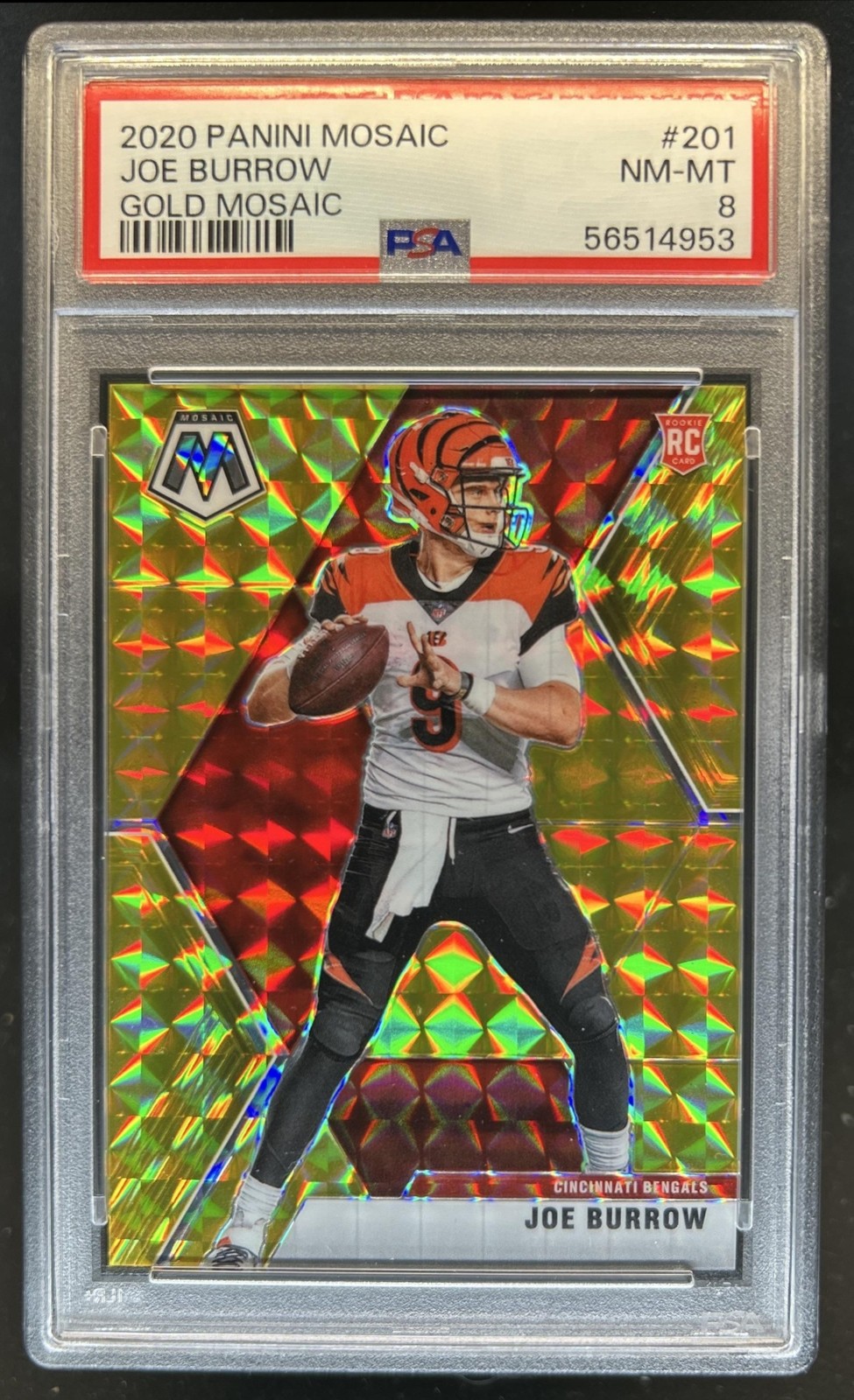 2020 Panini Mosaic Joe Burrow RC Prizm Gold Rookie #/10 Bengals PSA 8 view 1