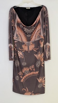 Angelo Marani 100 % Silk Brown Feather Print Dress Midi Long Sleeve Italy Sz 48