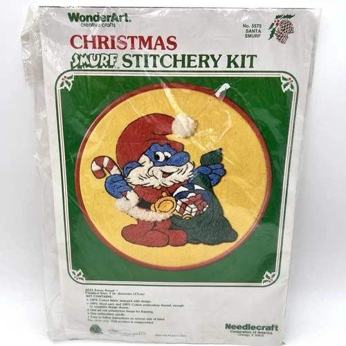 Vintage Wonderart Christmas Smurf Stitchery Kit  #5575 Santa Smurf