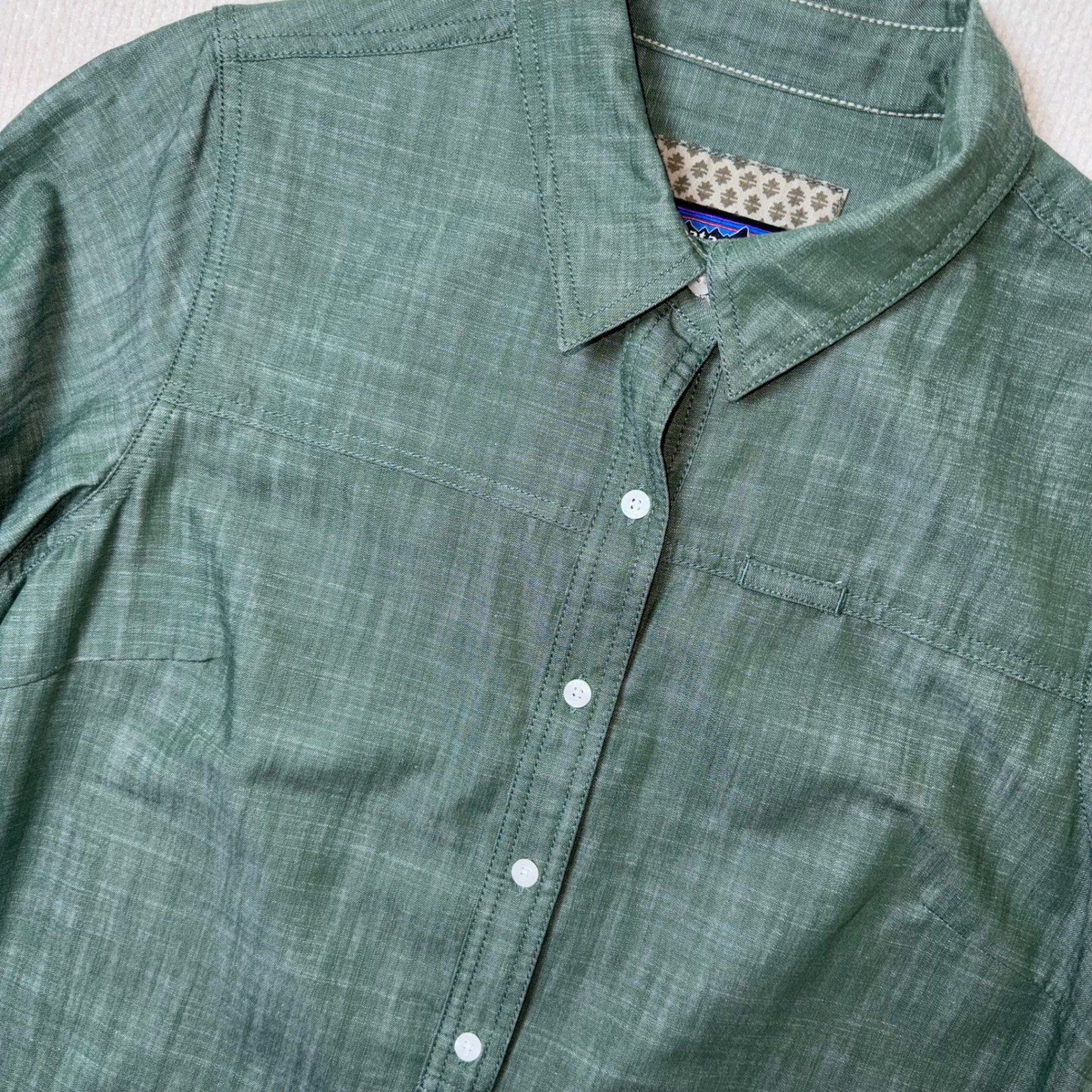 Patagonia Shirt Necessity Dress Womens 14 Green Organic Cotton Linen Tencel