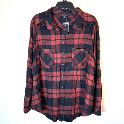 Torrid Flannel Shirt Womens Size 2X Red Buffalo Plaid Button Up Pockets Lace NEW