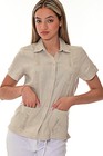 Damen 100% weiches Leinen NATUR Guayabera traditionelle (4) Taschen Bluse LLGB3008
