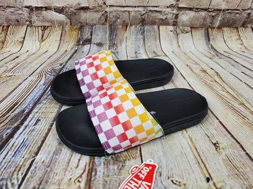 vans rainbow checkered slides