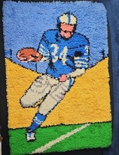 Vintage 80s Completed Latch Hook Rug Football Player Running Touchdown