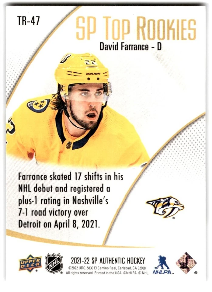 David Farrance 2021-22 SP Authentic Top Rookies Blue #TR-47 Nashville Predators - Image 2 of 2