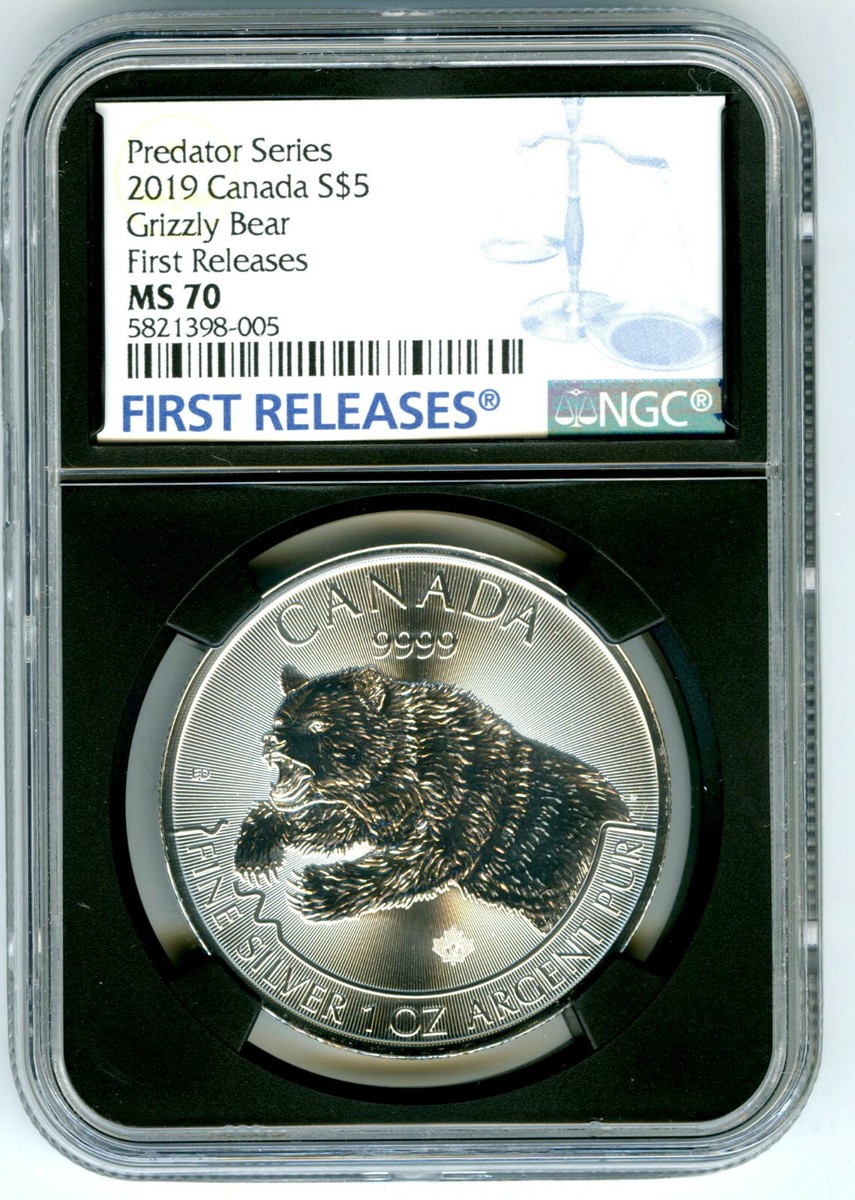 2019 $5 CANADA 1 OZ SILVER GRIZZLY BEAR NGC MS70 RARE FIRST