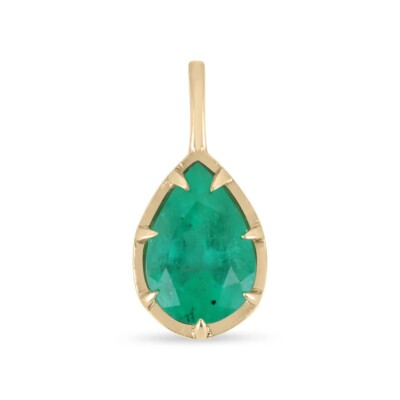 2.30 Carat Teardrop Natural Emerald Solitaire Seven Prong Pendant Gold 14K