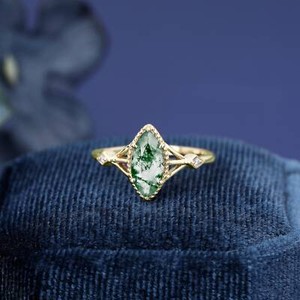 Authentic Vintage 14K Yellow Gold Plated Engagement Ring Natural Marquise Moss Agate Ring