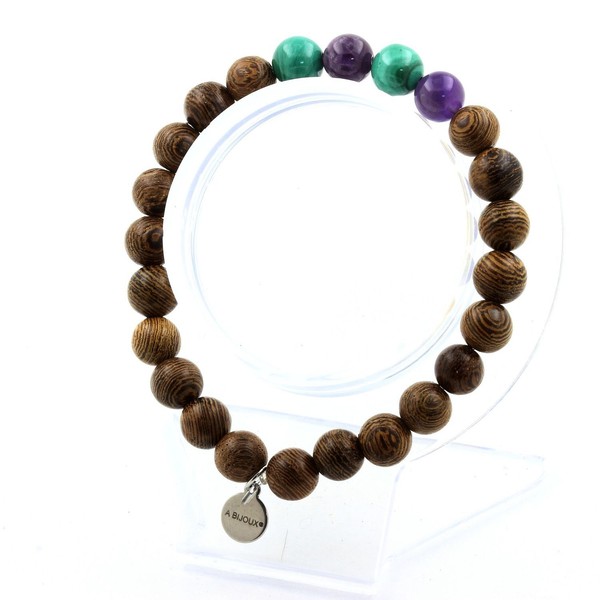 Armband Perlen Malachit Aus Kongo + Amethyst+ Holz 8 Mm. Made In Frankreich-image