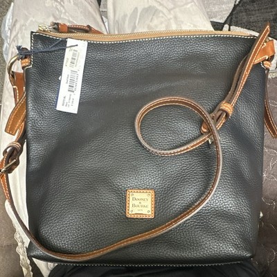 Dooney & Bourke Black Pebbled Crossbody Bag Brown Strap Gold Zip Medium