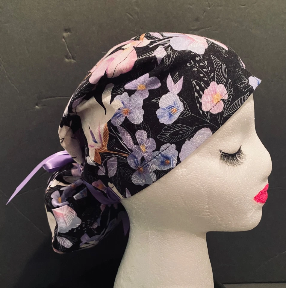 Purple/Pink Flowers Euro Scrub Cap, Satin Tie, Medical, Food Service, Head Cover - Image 2 of 4