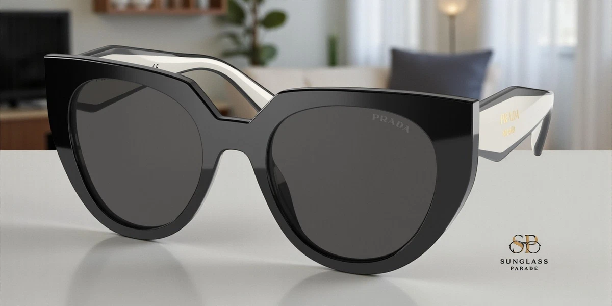 New PRADA Sunglasses Black White Talc Gold Symbole Oval Cat Eye Womens PRADA Logo Sunglasses for Women for sale | eBay main image 3