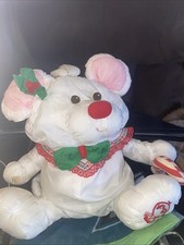 1987 Fisher Price Puffalumps White Christmas Mouse Plush w/ Candy Cane