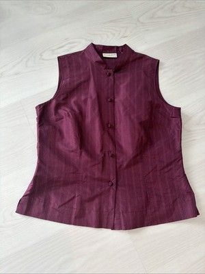 Amanda Smith Pure Silk Shirt Size 12 Purple Sleeveless Button Down Striped Asian