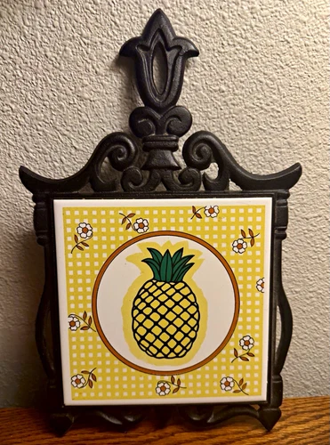 Orient Pineapple Ceramic Tile & Cast Metal Trivet Matte Black Frame 12 x 7 HTF!! - product listing photo