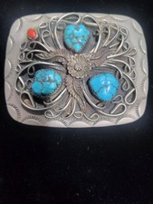 Vintage Navajo Sterling Silver Turquoise Coral Belt Buckle 71g Bear Paw Signed