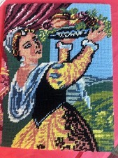 Vintage Needlepoint Woman w/ Fruit Basket Baroque Style Completed