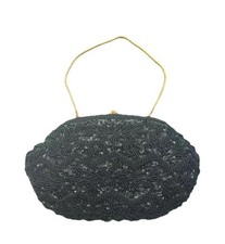 HandBeaded Evening Purse Black with Gold Chain Clasp, Made in Hong Kong- VTG