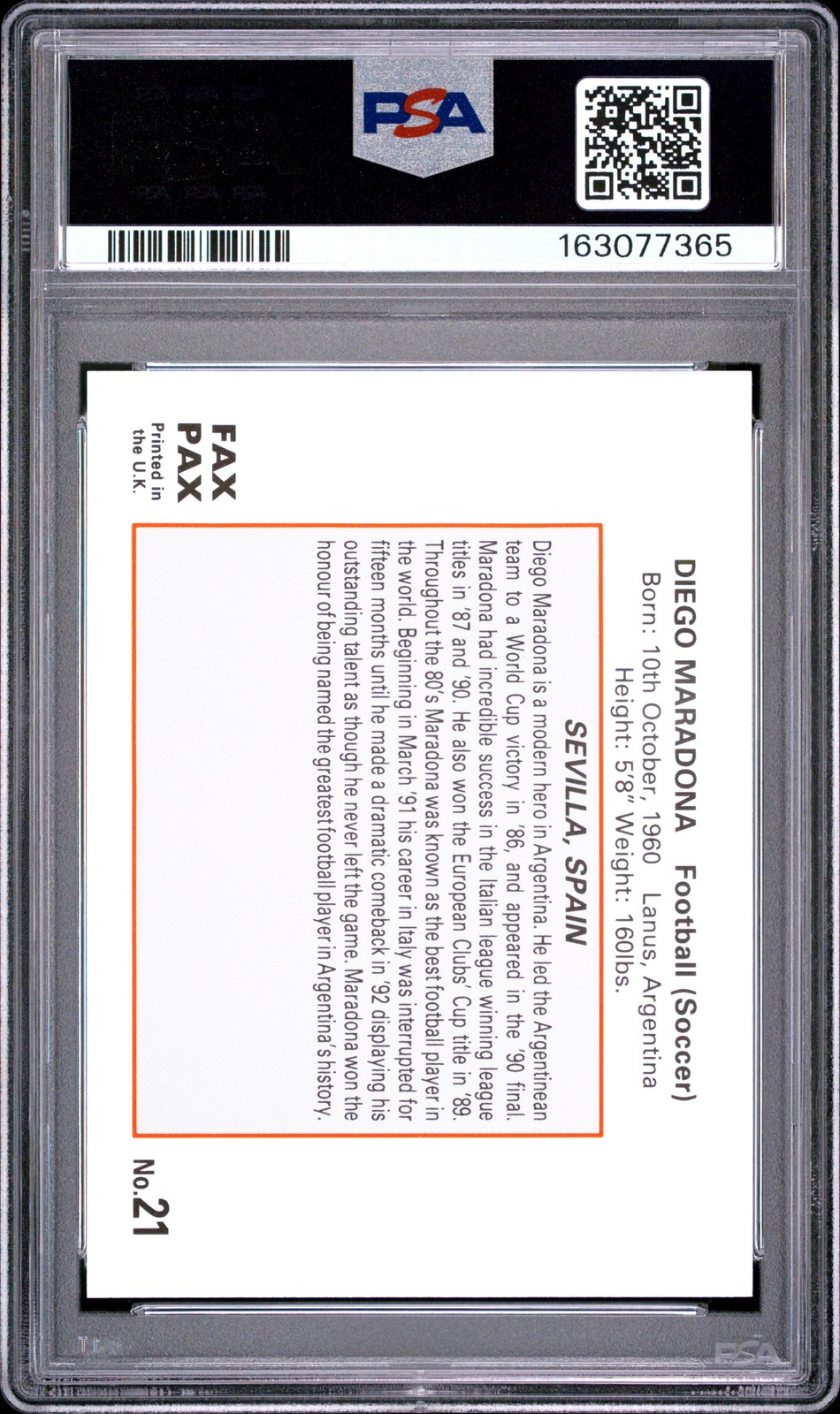 1993 FAX PAX WORLD OF SPORT #21 DIEGO MARADONA PSA 10 view 2