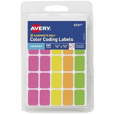 Avery Rectangular Color Coding Labels, Assorted, Removable, Pack of 525 (06721)