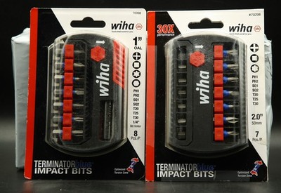 WIHA Terminator Blue Impact Bits, 70298 2'' Long 7-pc +70098 1'' Long 8-pc