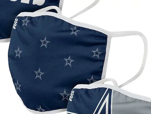 Маска для лица с логотипом Dallas Cowboys 2 слоя NFL футбол новая унисекс для взрослых мужчин упаковка 3 шт. - Изображение 4 из 4