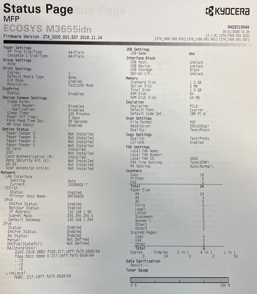Kyocera ECOSYS M3655idn A4 Mono Multifunction Laser Office Printer With