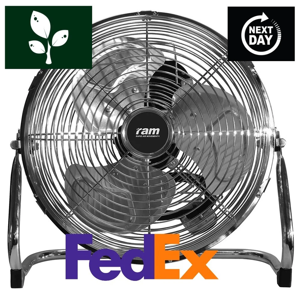 RAM 12 Inch Floor Fan 3 Speed Chrome Metal Air Movement Hydroponics - Image 2 of 4