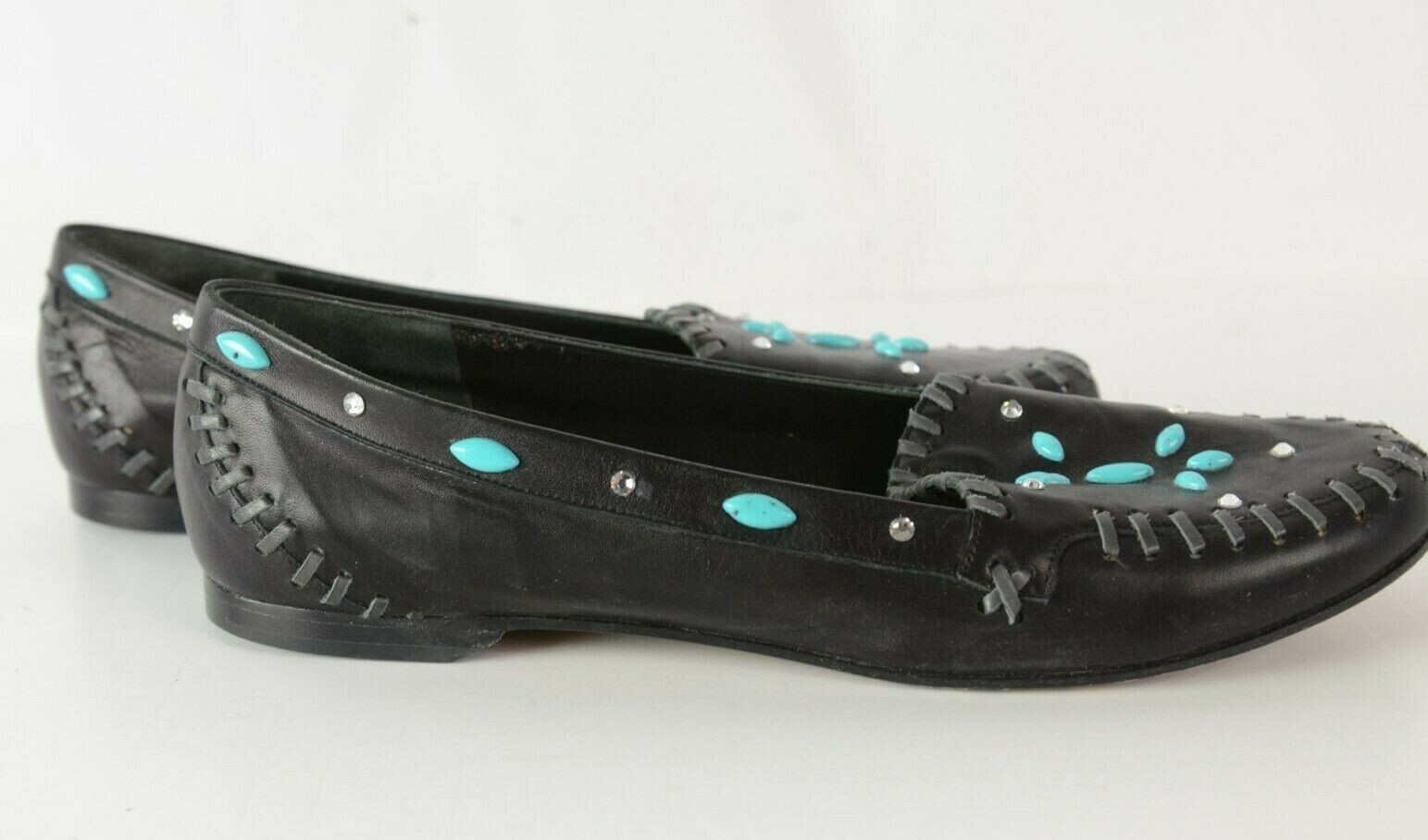 Warren Edwards Women's Slip On Black Leather Loafers Sz 10.5 Turquoise