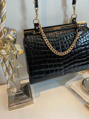 Krokodilleder Tasche aus Glanz Kroko in Schwarz -CITES-IRV