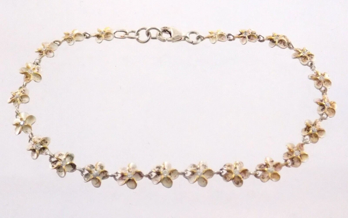 Sterling Silver Cubic Zirconia Plumeria Bracelet 925 White CZ