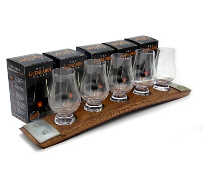 Premium 5-Glass Whiskey Flight   Glencairn Holder | Reclaimed Barrel Stave USA