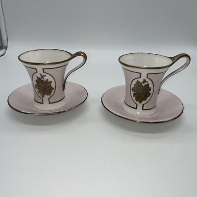 T & V Limoges France Teacup and Saucer Set Pink Gold Roses Set Of 2
