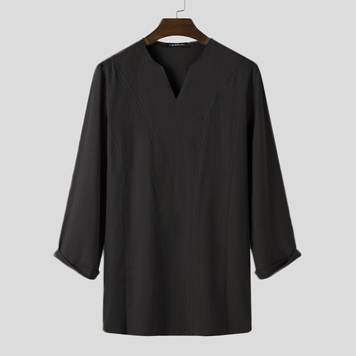 Summer Mens Linen CottonV-Neck Shirt Formal V-Neck Long Sleeve Tops T Shirt Tee - Picture 13 of 15