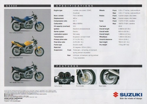 Suzuki GS500 GS500K1 2001 Worldwide Sales Brochure Printed in Japan - Picture 2 of 3