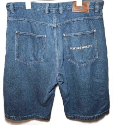 Vintage Rocawear Spellout Baggy Loose Denim Jean Shorts Blue Distressed Men's 40