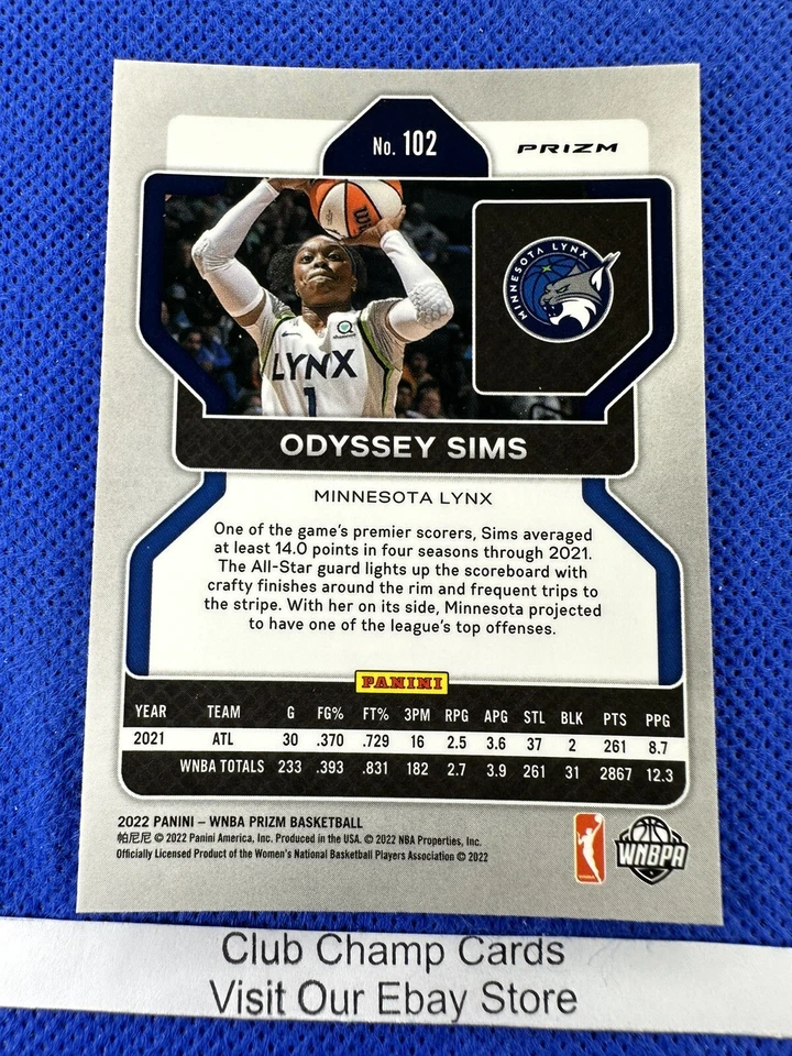 2022 #102 Odyssey Sims WNBA Panini Prizm Basketball Green Ice Prizm Lync - Image 2 of 2
