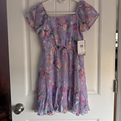 trixxi purple dress White Purple Floral Puff Sleeve V-Neck Dress