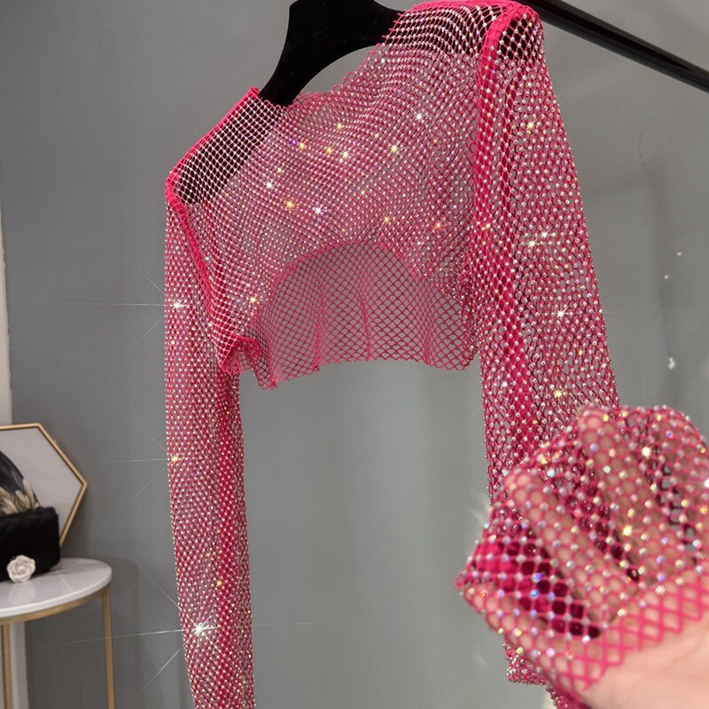 Women Sparkle Glitter Rhinestone Mesh Net Cover Up Long Sleeve