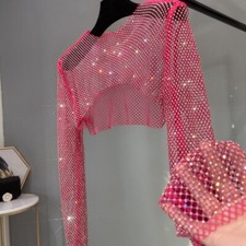 Lady Long Sleeve Glitter Crop Tops Sparkle Mesh Rhinestone Net Cover Up Summer