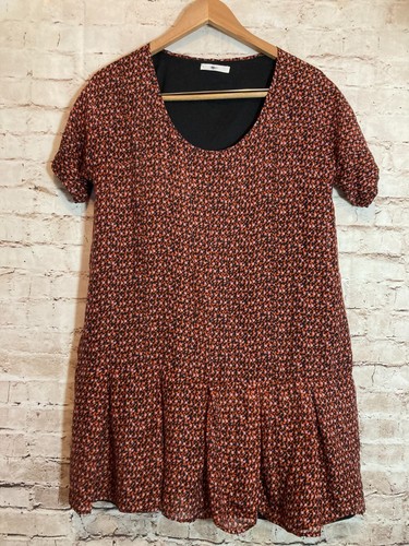 ELIOT Silk Babydoll Dress Womens Large Micro Floral Ruffle Hem Dark Romantic